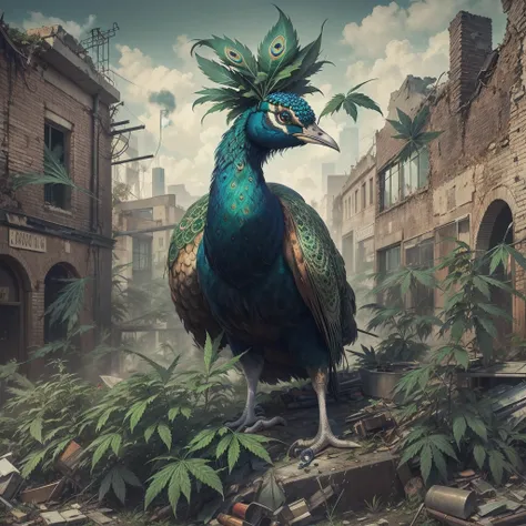 Peacock covered in marijuana wearing a BLACK flat cap hat is SMOKING MARIJUANA in the middle of the abandoned city