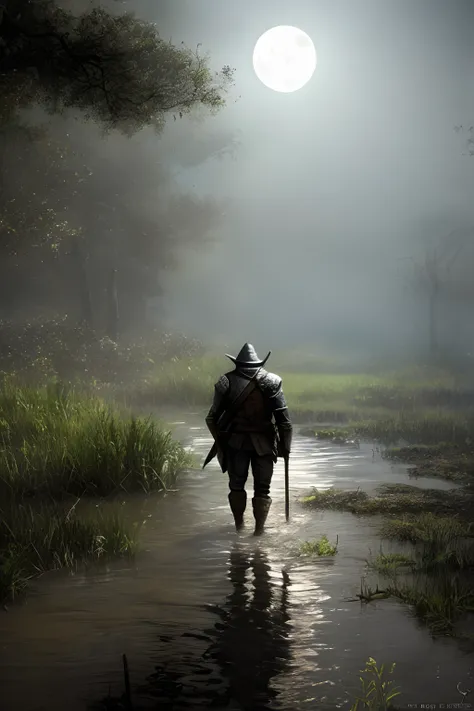 a knight in shining armor, trudging through a murky swamp. The swamp is shrouded in darkness, with eerie shadows cast by the moonlight. The knights armor glistens faintly as they navigate through the treacherous terrain, their steps leaving deep imprints i...