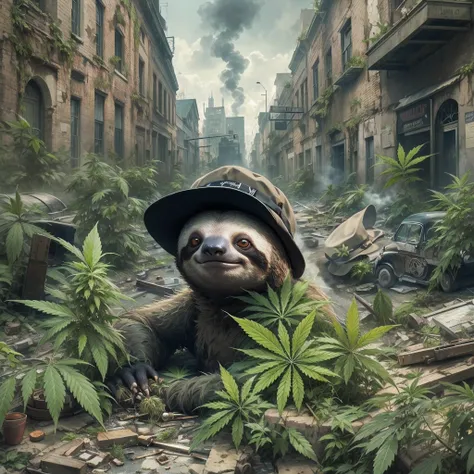 Sloth covered in marijuana wearing a BLACK flat cap hat is SMOKING MARIJUANA in the middle of the abandoned city