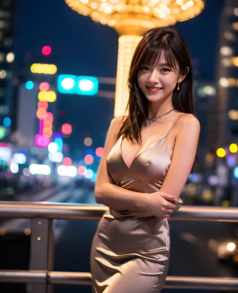 Random Pose, Mix 4, (8K, RAW Photo, Best Quality, Masterpiece: 1.45), (Real, Photorealistic: 1.37), Female, Cute, Smile, Cityscape, Night, Professional Lighting, Radiosity, Normal Breasts , deep V neckline slip dress, front facing, full body figure,