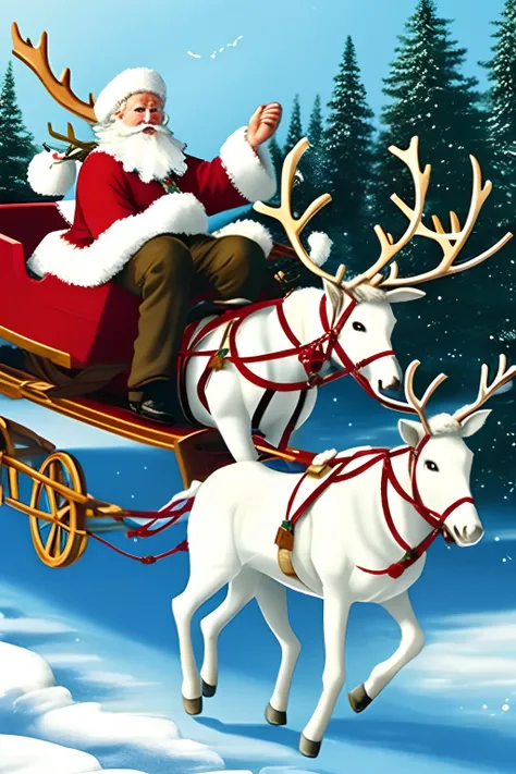 White reindeer pulling a flying sled、Santa Claus riding a sleigh