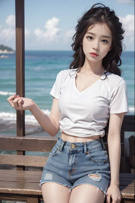 (Masterpiece, Superb work,4K 分辨率, Ultra-realistic:1.3),Girl posing for photo in white bra and tight denim skirt，A half body，tee shirt，brassier，Slim body，(medium chest circumference)，Slim girl model，24 years old female model，(Have by the sea:1.3)，Soft light...