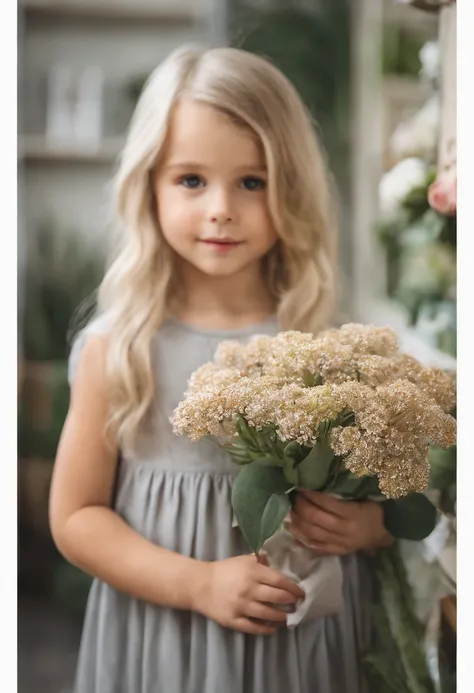 In the flower shop，Big eyed little girl in round neck short sleeve T-shirt（Close-up 1:1），largeeyes，blond hairbl，((Grey t-shirt))，pleatedskirt，Little American girl，Holding a flower in hand，brightly，cheerfulness，intriguing，gentlesoftlighting