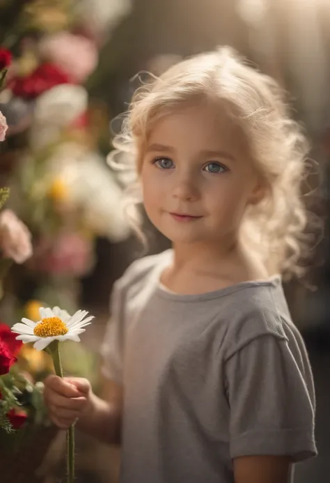 In the flower shop，Big eyed little girl in round neck short sleeve T-shirt（Close-up 1:1），largeeyes，blond hairbl，((Grey t-shirt))，pleatedskirt，Little American girl，Holding a flower in hand，brightly，cheerfulness，intriguing，gentlesoftlighting