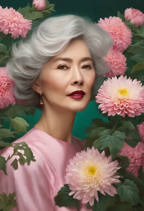 fashion magazine，ultrarealism oil painting，（chrysanthemums），Chinese white-haired grandmother and young woman，Pink and emeralds，Plant cover background，The style of artist Bruce Zheng，shinny hair，cowboy lens，art-deco，Verism，blooms，Award-Awarded，retinas