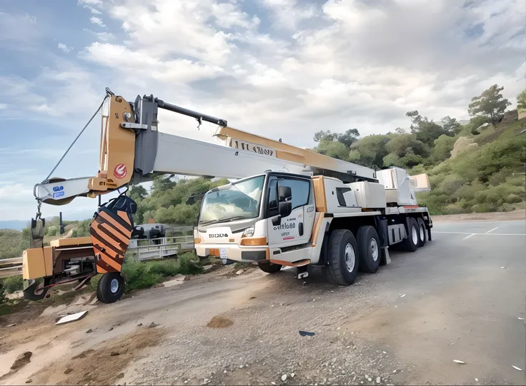 There is a crane lifting a truck on the road, 4 0 9 6, Sit in the crane, crane shot, Crane, 8 k. filling of the view, album photo, photograph taken in 2 0 2 0, detailed zoom photo, Avatar image, photograph taken in 2 0 2 0, 2045, The crane, huge machine cr...