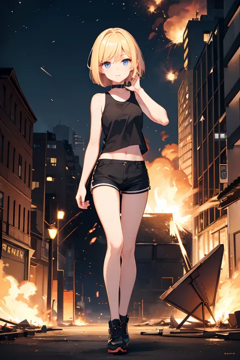 during night、Base explosions and flames、Exploding buildings、Cute blonde girl、cute  face、elegant sleek smooth body、full body Esbian、Short bob hair、a blond、blue eyes、Black tank top、sexy black shorts、Wearing black shorts