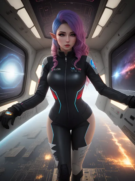 Ultra realistic woman merged with 3d elven style in sexy pose with colorful hair and neom effect and wearing a futuristic pilot jumpsuit, In the background a deteriorating space station with several circuits in parts breaking with warnings in Neom and it a...