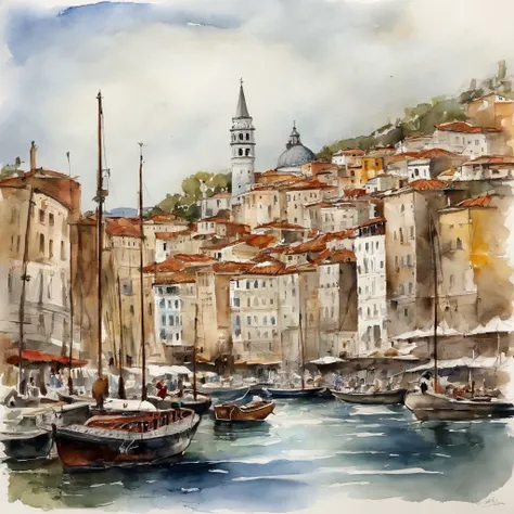 Port of Galata and beautiful view of the Bosphorus in style by Jean Paul Croquineur. Barcos, nubes, acuarela, Architectural drawing, clausura, Vista frontal con plano, pluma, [color de tinta], tonos sucios, coloreado