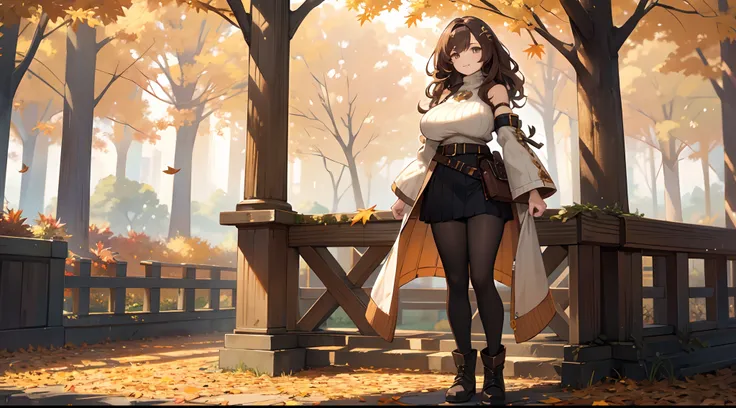 masterpiece,best quality,ultra detailed,8k,tall,big female,gigantic breasts,young,20 years old,medium hair,wavy hair,brown hair,hairclip,happy,smile,brown sweater,ribbed sweater,bare shoulders,detached sleeves,belt buckle,black tights,boots,strapless,fall ...