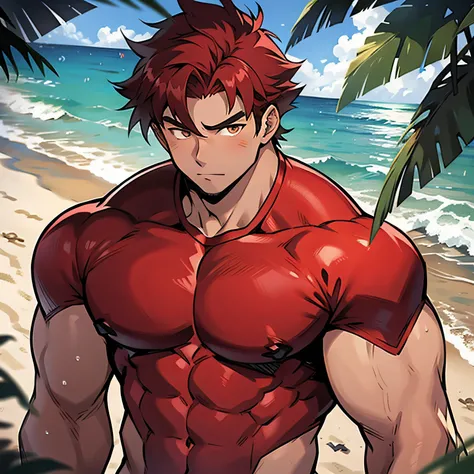 It generates an anime style image of a very handsome 15-year-old with red hair and muscular body on the beach, portant un string.