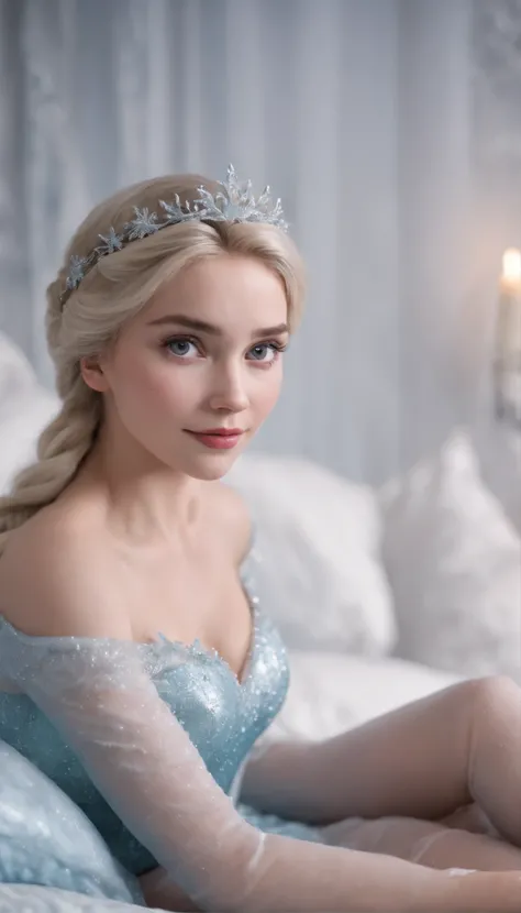 elsa frozen at 18 years old  at the bed, open legs, (showing ), walt disney, medium shot