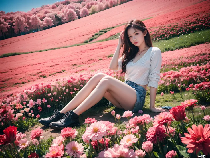 Beautiful girl sitting in a flower field, Infrared photography,Graphic design,poster for,fine art,vivd colour