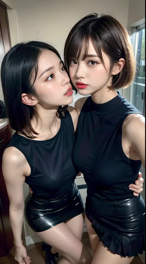 2girls、sprawl、Forceful kiss face to face、embracing each other、Opening Mouth、The tips of their tongues touch each other、Yogurt in the mouth overflows and drips from the mouth、Top image quality、Raw photography、超A high resolution、16-year-old woman、big round c...