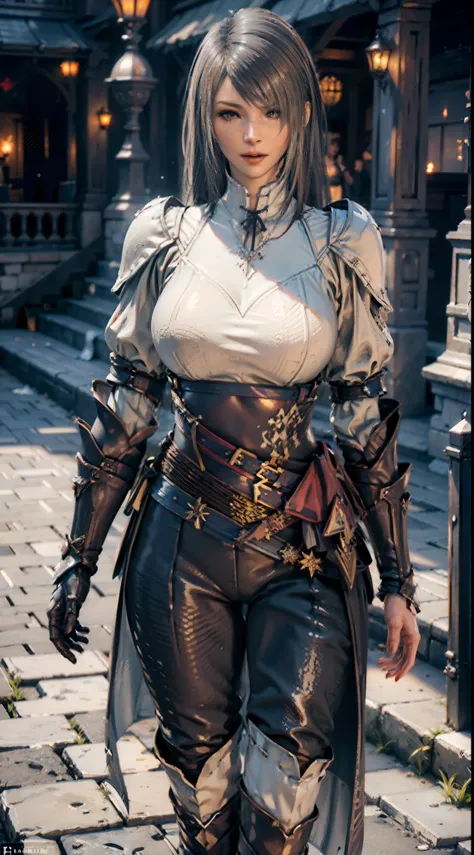 ((unreal enginee 5)), lifelike rendering, excellent, full armor, Nightcloak, Helm, (Yoga Hot Pants), looking in camera, Sexy pose walking down the street, Beautiful face, makeup, CGI Mix, (Photorealism:1.2), Ultra-realistic UHD face, Slim waist, an hourgla...