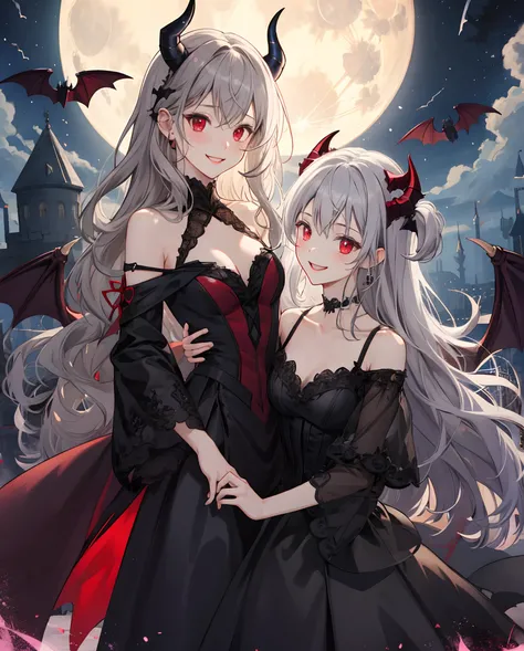 Bats 
dress

Wavy gray hair、demon horns on head，red eyes、One beautiful vampire girl、red blush、Black Dress、Midnight、A smile、Western castles、a moon