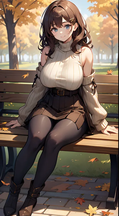 masterpiece,best quality,ultra detailed,8k,tall,big female,gigantic breasts,young,20 years old,medium hair,wavy hair,brown hair,hairclip,happy,smile,brown sweater,ribbed sweater,bare shoulders,detached sleeves,belt buckle,black tights,boots,strapless,fall ...