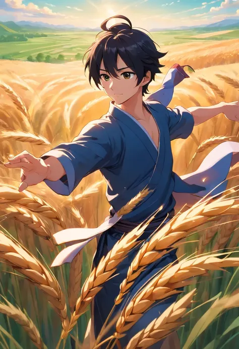 Ancient China Handsome man, fluttering black hair, dancing ln the Green fields, dynamic pose Surrounded by wheat, green feeling, Full Length Shot, soft light, atmonspher lighting, front view, high detail