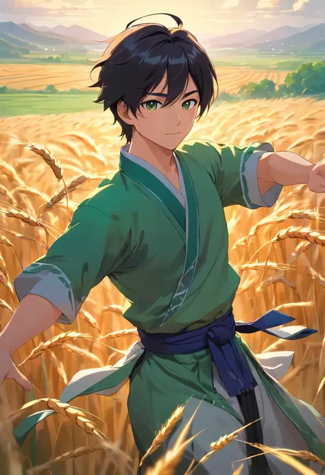 Ancient China Handsome man, fluttering black hair, dancing ln the Green fields, dynamic pose Surrounded by wheat, green feeling, Full Length Shot, soft light, atmonspher lighting, front view, high detail