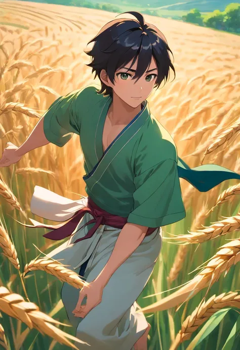 Ancient China Handsome man, fluttering black hair, dancing ln the Green fields, dynamic pose Surrounded by wheat, green feeling, Full Length Shot, soft light, atmonspher lighting, front view, high detail