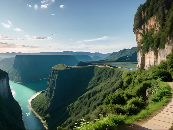 Masterpiece, ultimate quality, Cg unity 8k wallpaper, super delicate, beautiful sky and clouds, rich natural scenery, cliffs, lakes and rivers, waterfalls and flying water, beautiful green mountains, no trace of people, excellent scenery, has already won a...