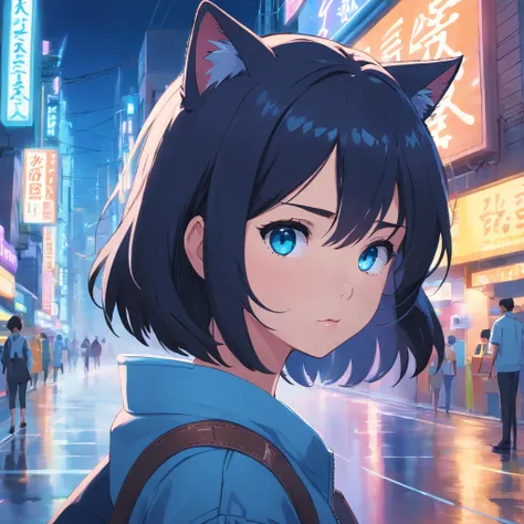 (masterpiece), best quality, expressive eyes, perfect face, short black hair, blue eyes, cat ears, cyberpunk, juice box, night city