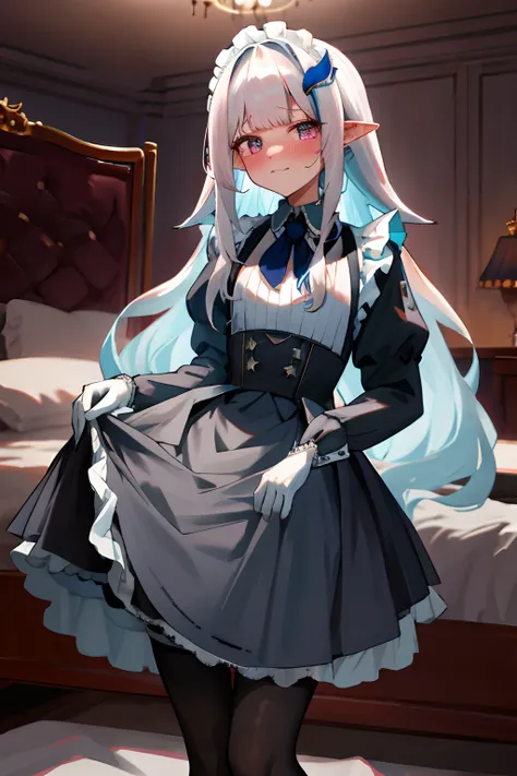 One girl with long wavy hair, white hair, looking at viewer, embarrassed, blushing, tears, indoor , maid dress, black maid dress, maid apron, maid head accessories, puff long sleeves, mini skirt, thigh, pointy ears, perfect waist, bed, night atmosphere, ha...