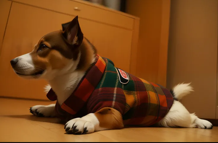 There is a dog in a sweater on the floor, Wearing a hunter coat, japanese dog, Portrait!!, taken with canon eos 5 d, awww, jack russel dog, shibu inu, wearing a fancy jacket, Digging, lumberjack flannel, Slightly blurred, komono, complex!!, miko, wearing a...