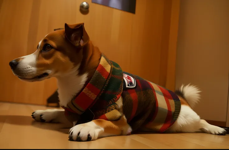 There is a dog in a sweater on the floor, Wearing a hunter coat, japanese dog, Portrait!!, taken with canon eos 5 d, awww, jack russel dog, shibu inu, wearing a fancy jacket, Digging, lumberjack flannel, Slightly blurred, komono, complex!!, miko, wearing a...