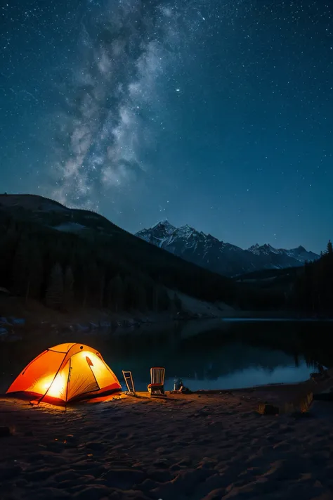 lake,Winter night sky、campsite,landscapes、starrysky、hight resolution, Best Quality, High quality