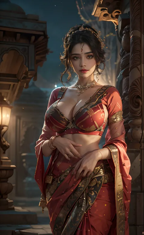 walking in a moonlit courtyard, exotic girl, indian, looking at the viewer, shining skin, perfect lighting, the embodiment of grace and elegance, (saree and bra), (Big Tits:1.5), cleavage, clear curvy details, beautiful curves, detailed eyes, detailed pupi...