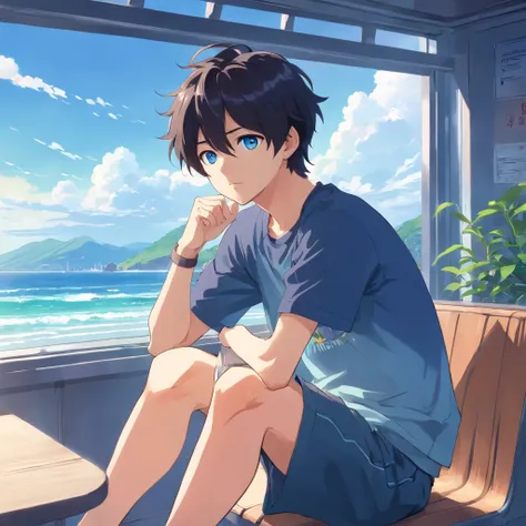 Anime boy sitting with black hair and blue eyes, anime moe art style, Anime boys, 2 d anime style, young anime man, Blackn clothes，anime-style character, style of anime, stylized anime, flat anime style shading, Male anime style, anime-style portrait, tall...