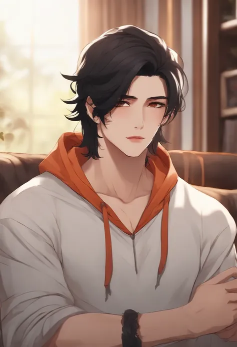 Anime style, living room setting, a male, black hair, neck Length mullet, cinnamon skin color, black eyes, detailed face, sharp and delicate face features, slim body slightly toned, is wearing a hoodie, no beard, no body hair