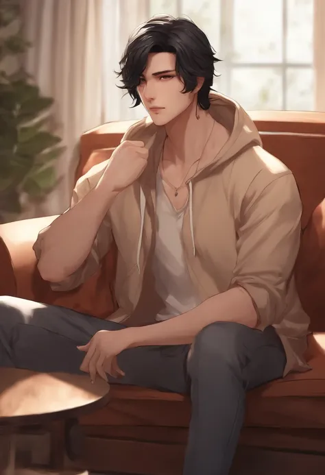 Anime style, living room setting, a male, black hair, neck Length mullet, cinnamon skin color, black eyes, detailed face, sharp and delicate face features, slim body slightly toned, is wearing a hoodie, no beard, no body hair