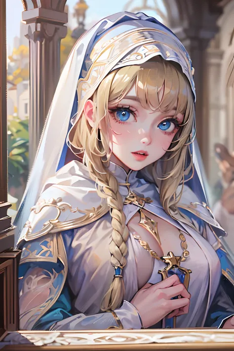 (best quality,4k,8k,highres,masterpiece:1.2),ultra-detailed,realistic,beautiful detailed blue eyes,beautiful detailed lips,extremely detailed face,long hair,1girl,beautiful blonde girl,wearing a nuns outfit,cute,attractive,church, retrato, detailed eyes