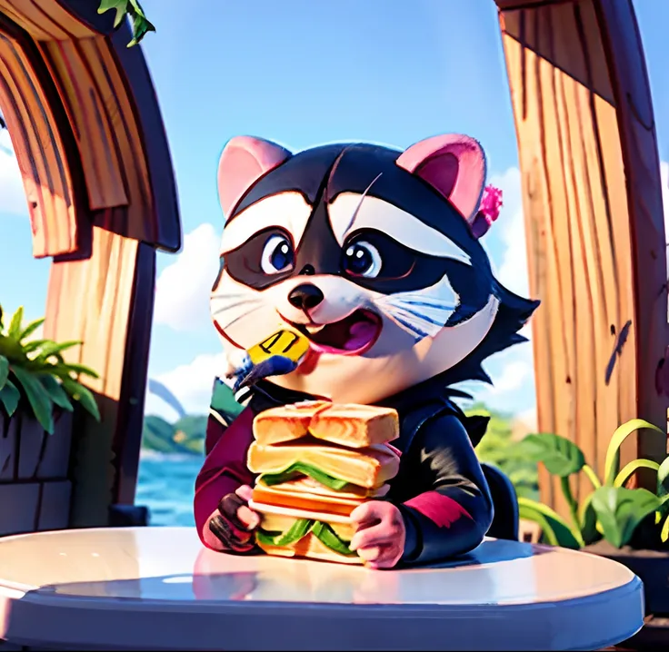 Masterpiece, (watercolor:1.3), (short stack:1.1), 1 voy eating a big ham sandwich, background the sea AND a uno AND a raccoons