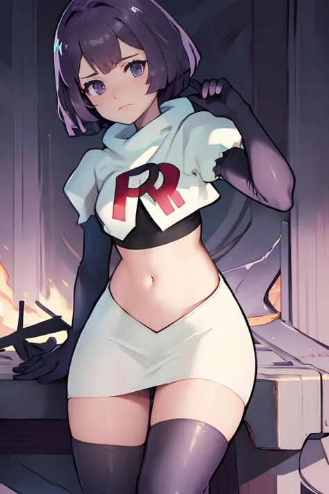 team rocket uniform, white jacket, white skirt, pencil skirt, miniskirt, black thighhigh boots, black elbow gloves, midriff, red...