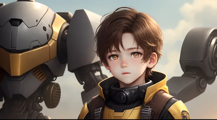 Child, male, brown hair, pale skin, golden eyes, mech