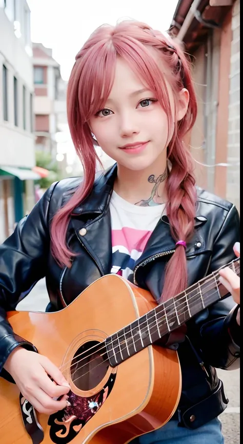 (masutepiece), cute little, (sixteen years old:1.4), Solo, 1 woman, (Charming punk girl), Blue eyes,faces、(A smile:1.5),Playing guitar, (Front face),  (Leather jackets and tattoos), (Band T-shirt), (Ripped jeans), ((Urban alley background at night)), (up c...