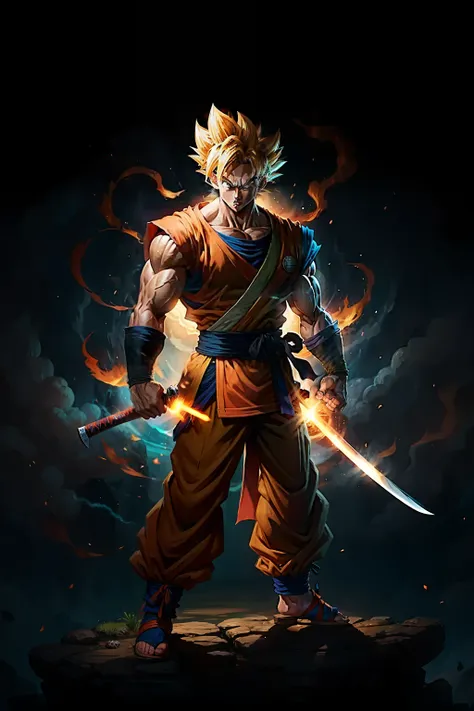 Goku usando sabre de luz e roupa de samurai