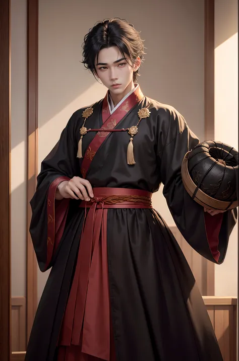 a 20 years-old young man, handsome, ((wearing black suitable hanfu)), (red silk rope strap to fit the clothes), (play a wooden and mechanical ball on hands), ((tiring face expression)) ,(bright eyes ),gradient eyes, (real and anime style), cinematic lighti...