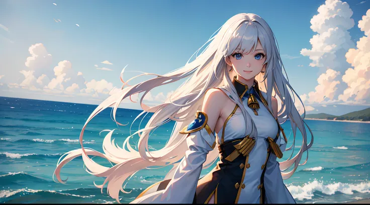 Draw Enterprise with long white luscious hair, on a pier overlooking the sea. (best quality,4k,highres,masterpiece:1.2),ultra-detailed,(realistic:1.37) shading,portrait,azur_lane,female,oneilighting,strong,captivating,sharp focus,vivid colors,physically-ba...