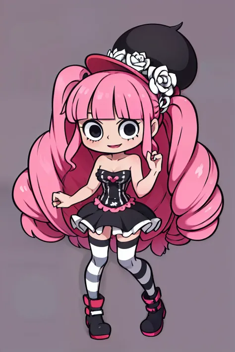 perona, 1girl, pink hair, black eyes, blunt bangs, drill hair, red lipstick, long pink hair, curly hair, black top hat with whit...