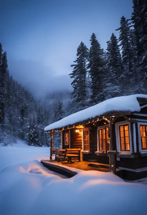 um quarto de madeira em uma cabana de madeira no Alaska,nevando, neve, frio