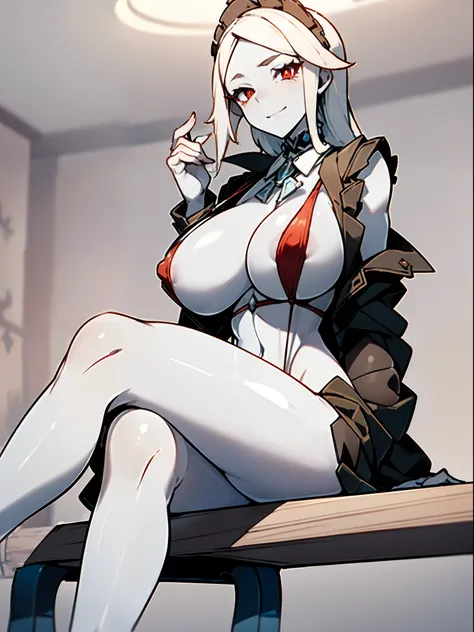 masterpiece, best quality, extremely detailed, 1girl, mature female, solo, (white skin:1.6), yuri alpha, ((gigantic breasts:1.2)), (((white hair, long hair, red eyes, slit pupils))), parted lips, (((corruption, slingshot swimsuit))), evil smile, (closed mo...