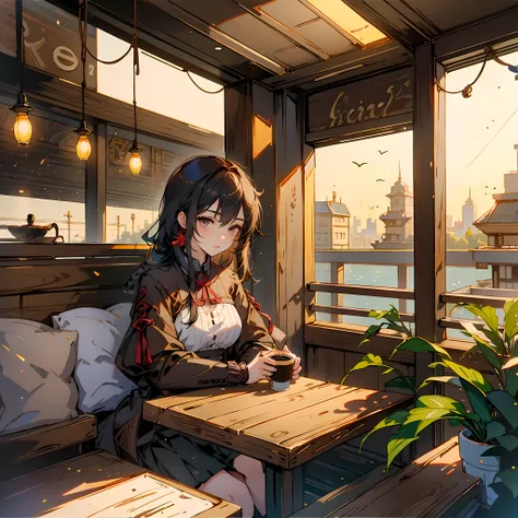 there is a woman sitting at a table in a restaurant, chisato nishikigi, lycoris recoil, mysterious coffee shop girl, in a coffee...