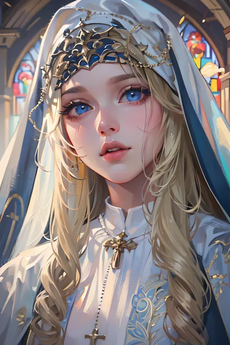 (best quality,4k,8k,highres,masterpiece:1.2),ultra-detailed,realistic,beautiful detailed blue eyes,beautiful detailed lips,extremely detailed face,long hair,1girl,beautiful blonde girl,wearing a nuns outfit,cute,attractive,church, retrato, detailed eyes