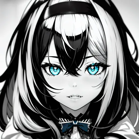 white background, grayscales ,(linear art:1.2), bowtie, black hairband, black skirt, femme, collared shirt  ,(blue eyes:1.2),  s...