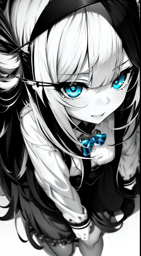 white background, grayscales ,(linear art:1.2), bowtie, black hairband, black skirt, femme, collared shirt  ,(blue eyes:1.2),  s...