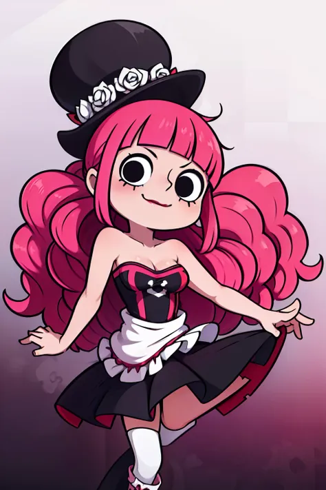 perona, 1girl, pink hair, black eyes, blunt bangs, drill hair, red lipstick, long pink hair, curly hair, blunt bangs, red lipsti...